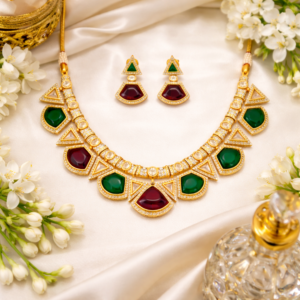 Royal Matte Gold Necklace Set with Multicolor Stones
