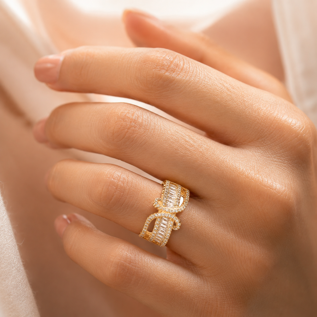 Gold Plated American Diamond Bow Design Statement Ring for Women with Baguette Stone Detailing