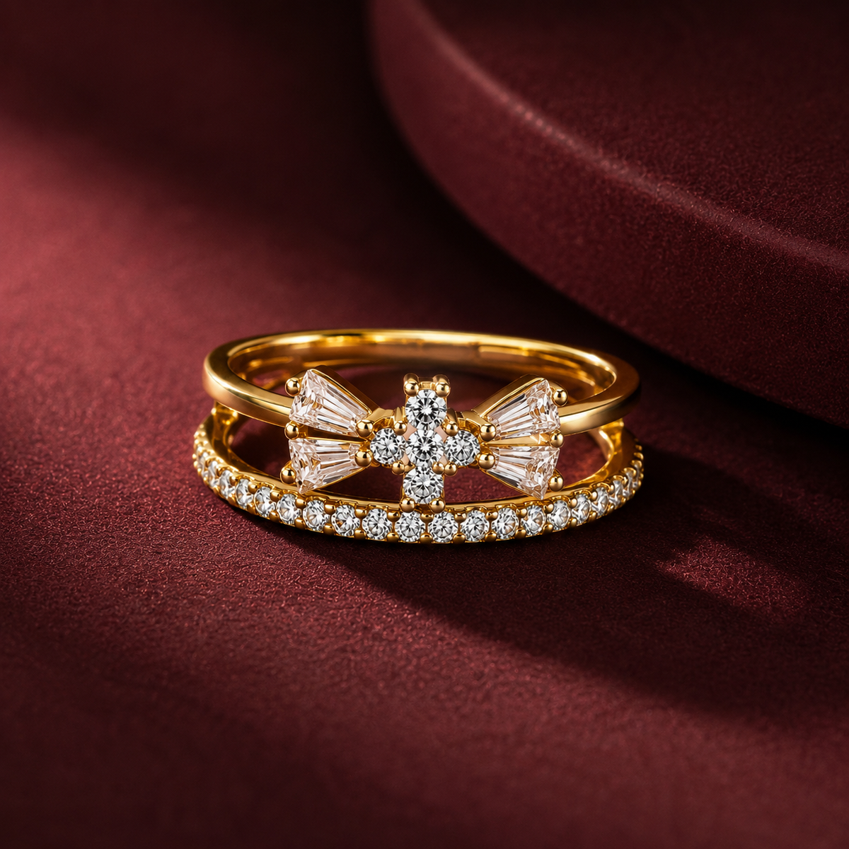 Gold Plated American Diamond Bow Design Statement Ring for Women with Baguette Stone Detailing
