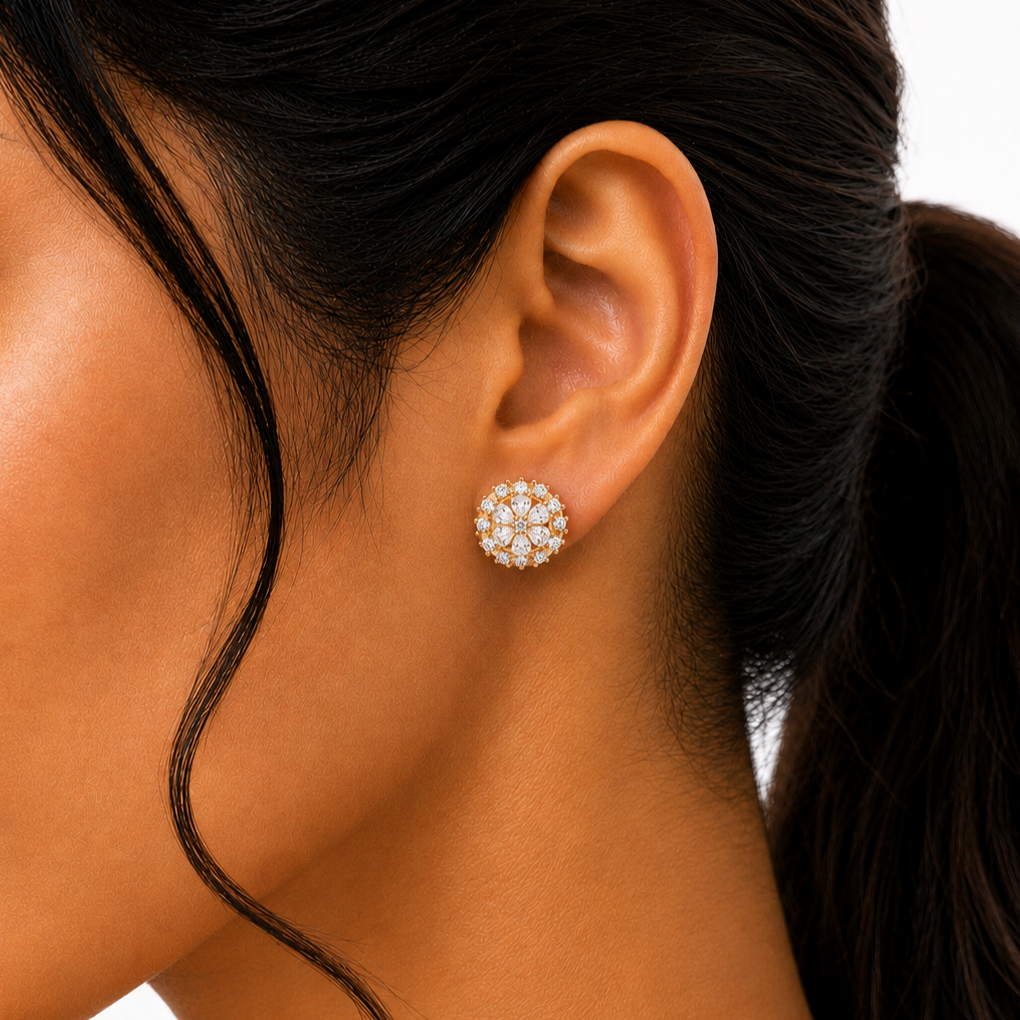 M & D Trends Gold Plated Floral Halo Stud Earrings for Women