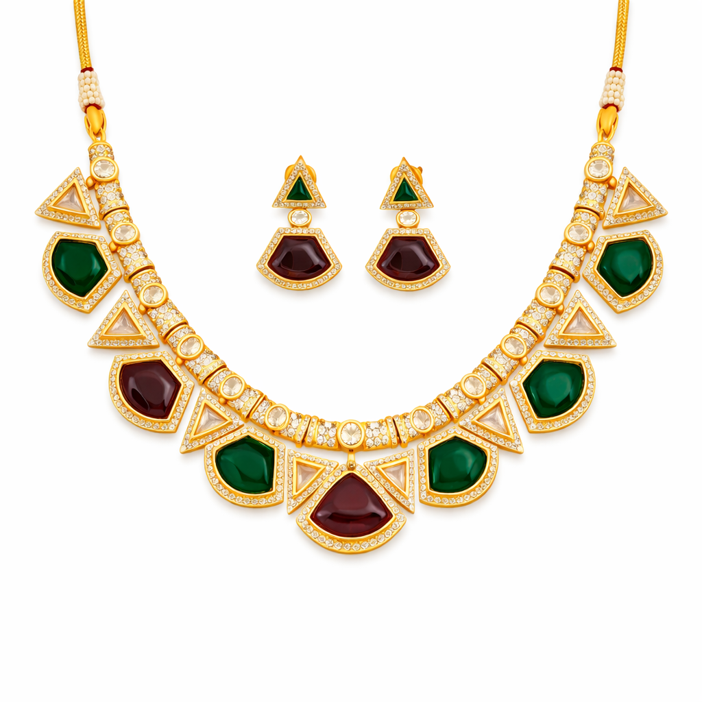 Royal Matte Gold Necklace Set with Multicolor Stones