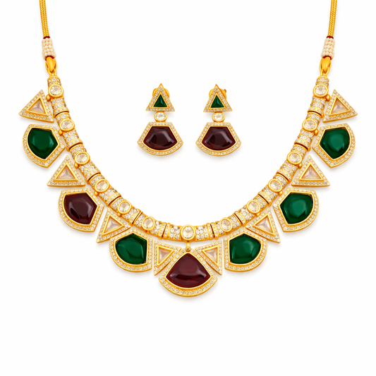 Royal Matte Gold Necklace Set with Multicolor Stones