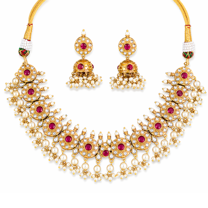 Kemp Matte Gold Polish Fancy Necklace Set with Mix Color Stone & Pearl Beads