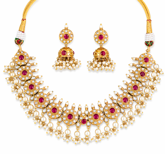 Kemp Matte Gold Polish Fancy Necklace Set with Mix Color Stone & Pearl Beads