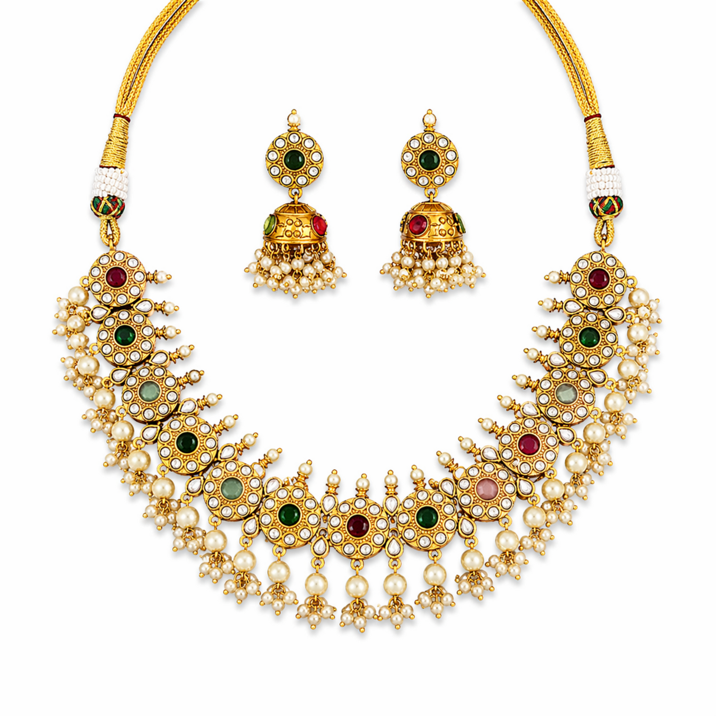 Kemp Matte Gold Polish Fancy Multi Color Necklace Set for Women