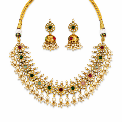 Kemp Matte Gold Polish Fancy Multi Color Necklace Set for Women