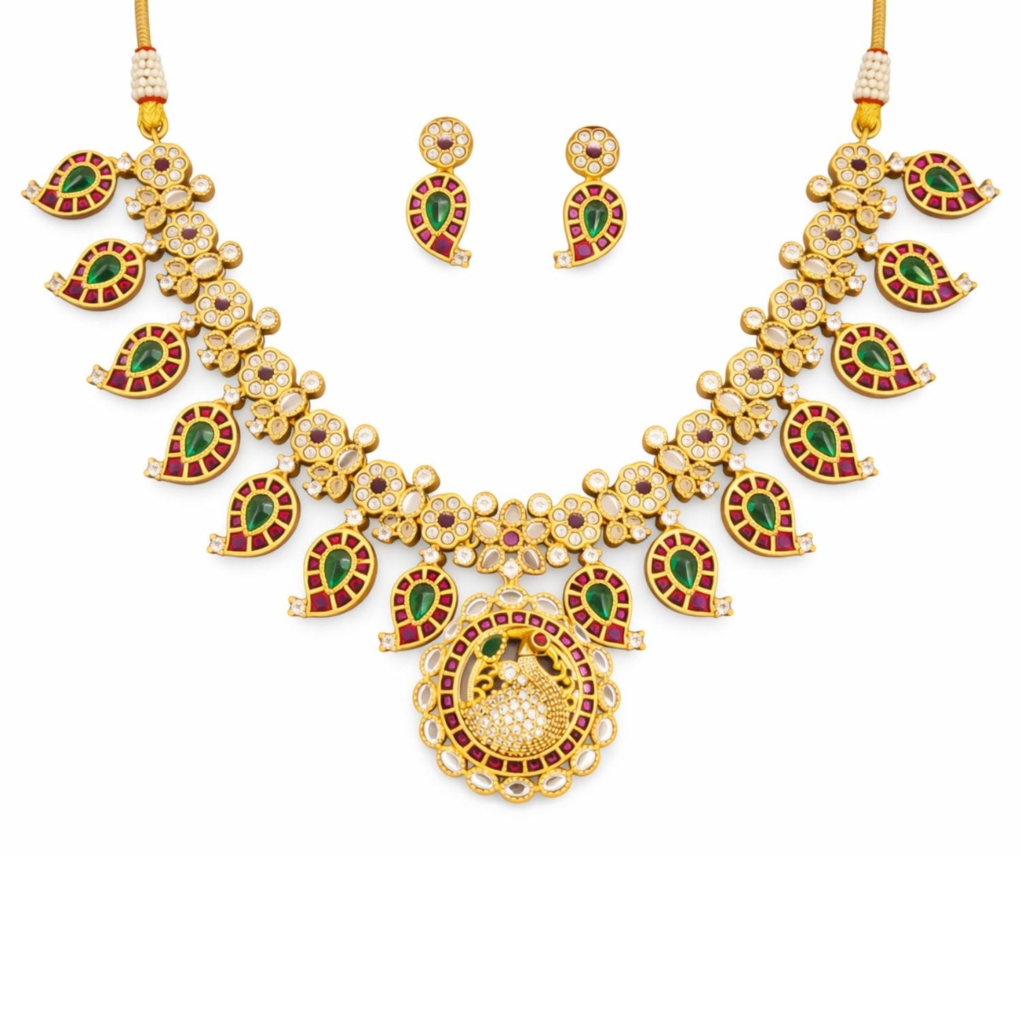Designer Matte Gold Peacock Design Kemp Necklace Set