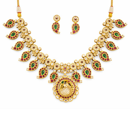 Designer Matte Gold Peacock Design Kemp Necklace Set