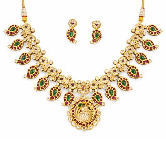 Designer Matte Gold Peacock Design Kemp Necklace Set