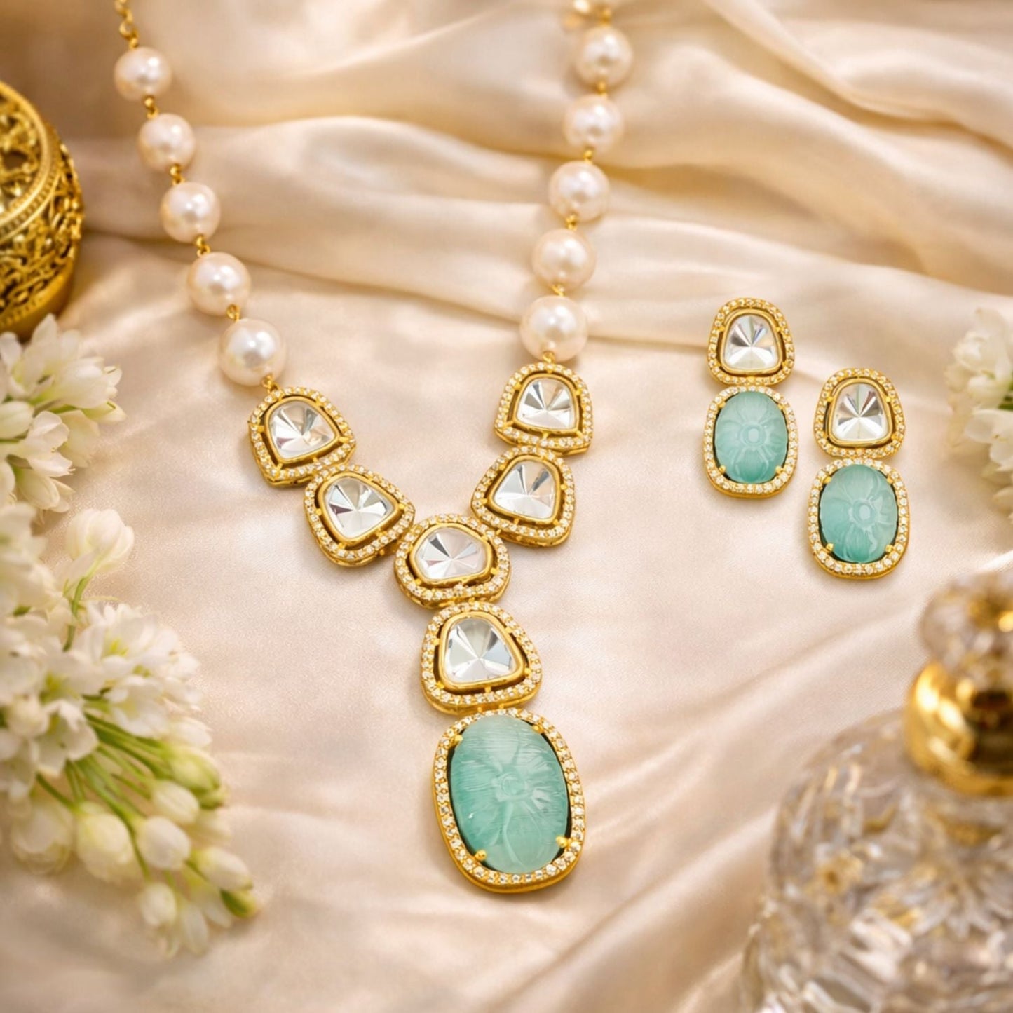 Elegant High Gold Polish Kundan Stone Necklace Set with Earrings for Women