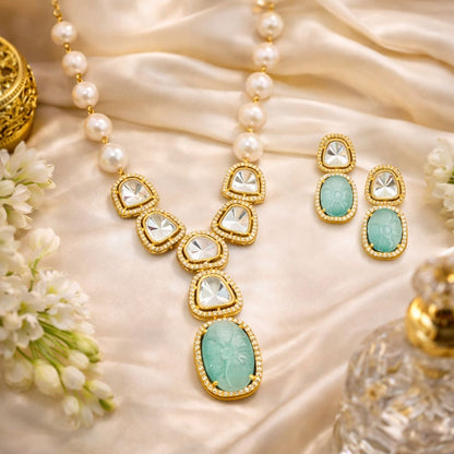 Elegant High Gold Polish Kundan Stone Necklace Set with Earrings for Women