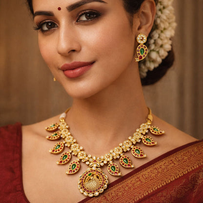 Designer Matte Gold Peacock Design Kemp Necklace Set