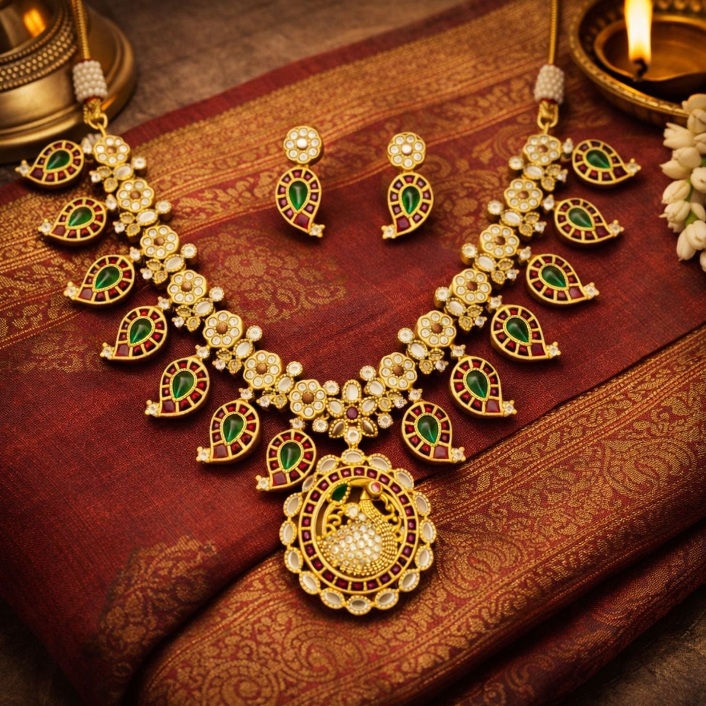 Designer Matte Gold Peacock Design Kemp Necklace Set
