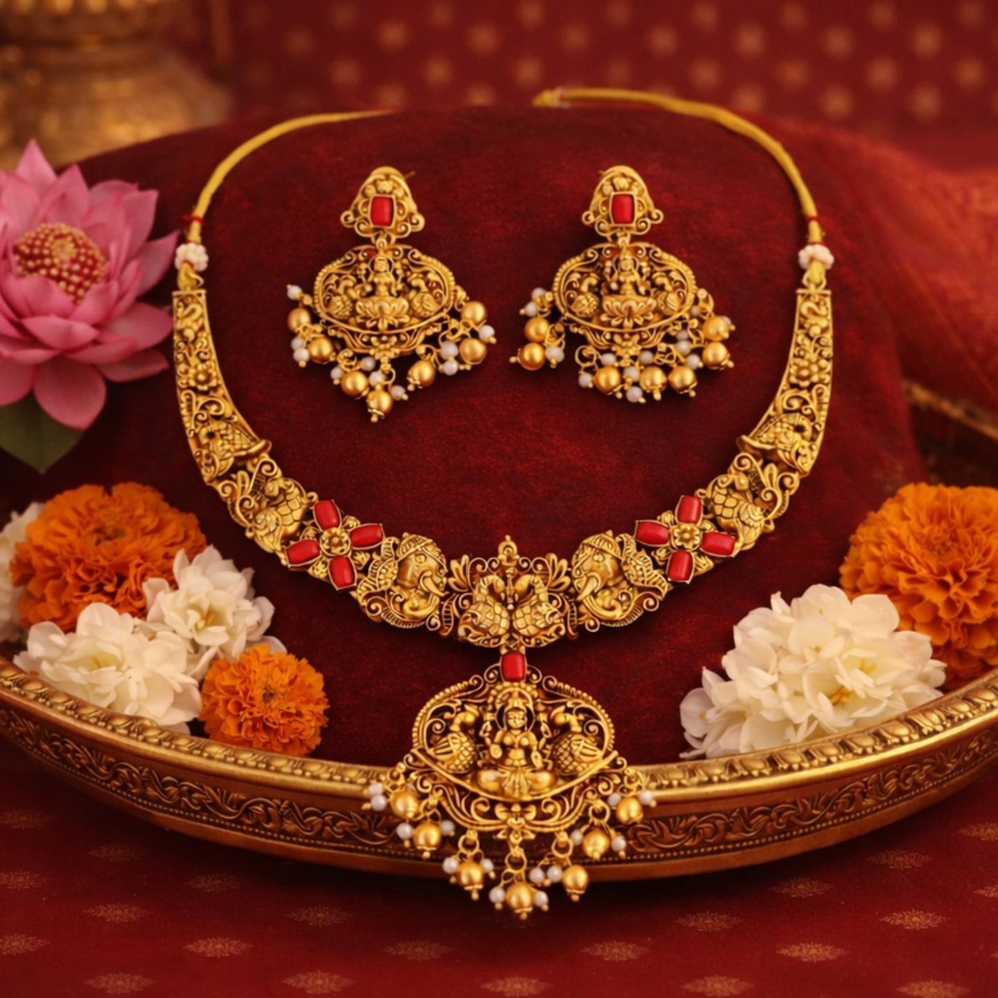 Temple Jewellery High Gold Polish Fancy Clustered Pearl Necklace Set