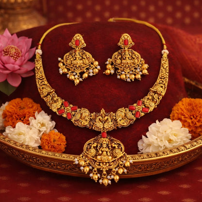Temple Jewellery High Gold Polish Fancy Clustered Pearl Necklace Set