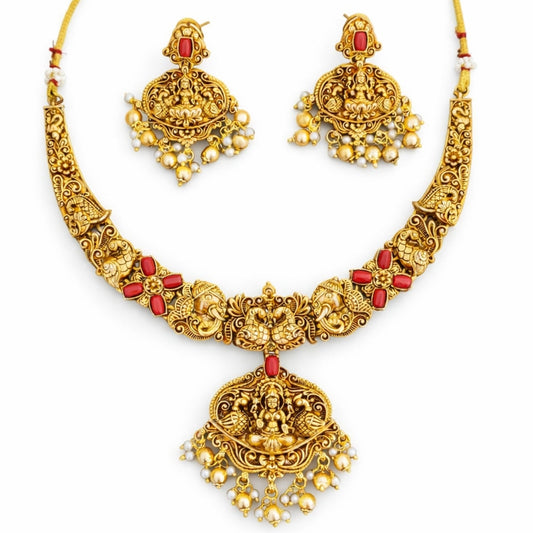 Temple Jewellery High Gold Polish Fancy Clustered Pearl Necklace Set