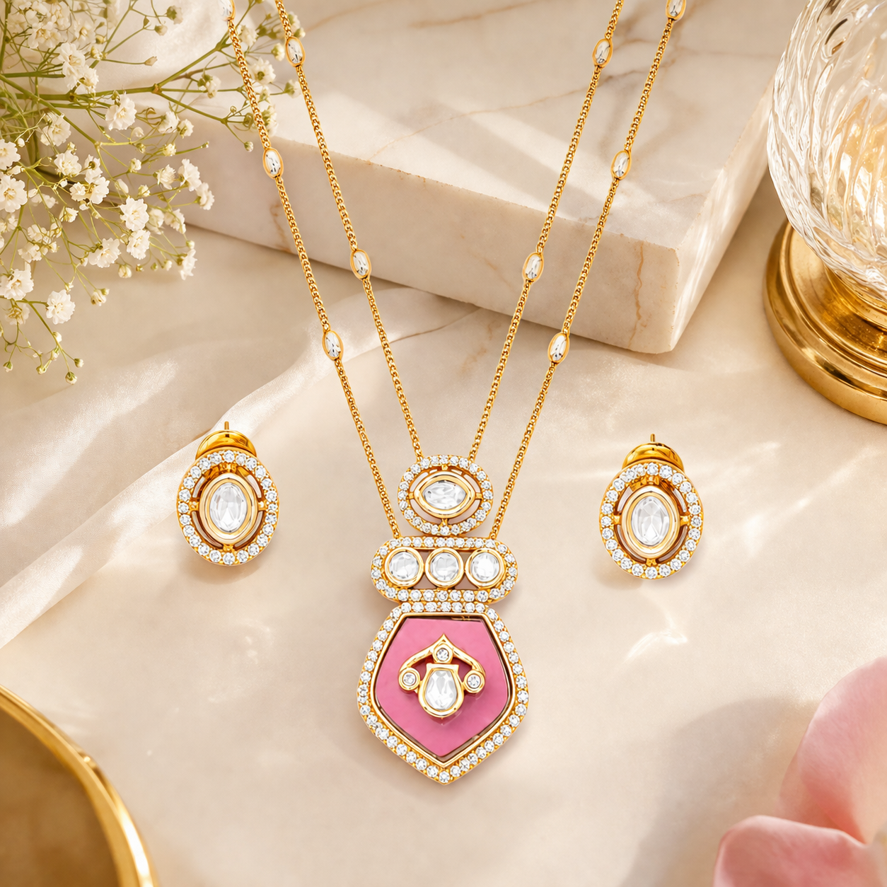 Kundan Design High Gold Polish Ruby Pendant Set for Women