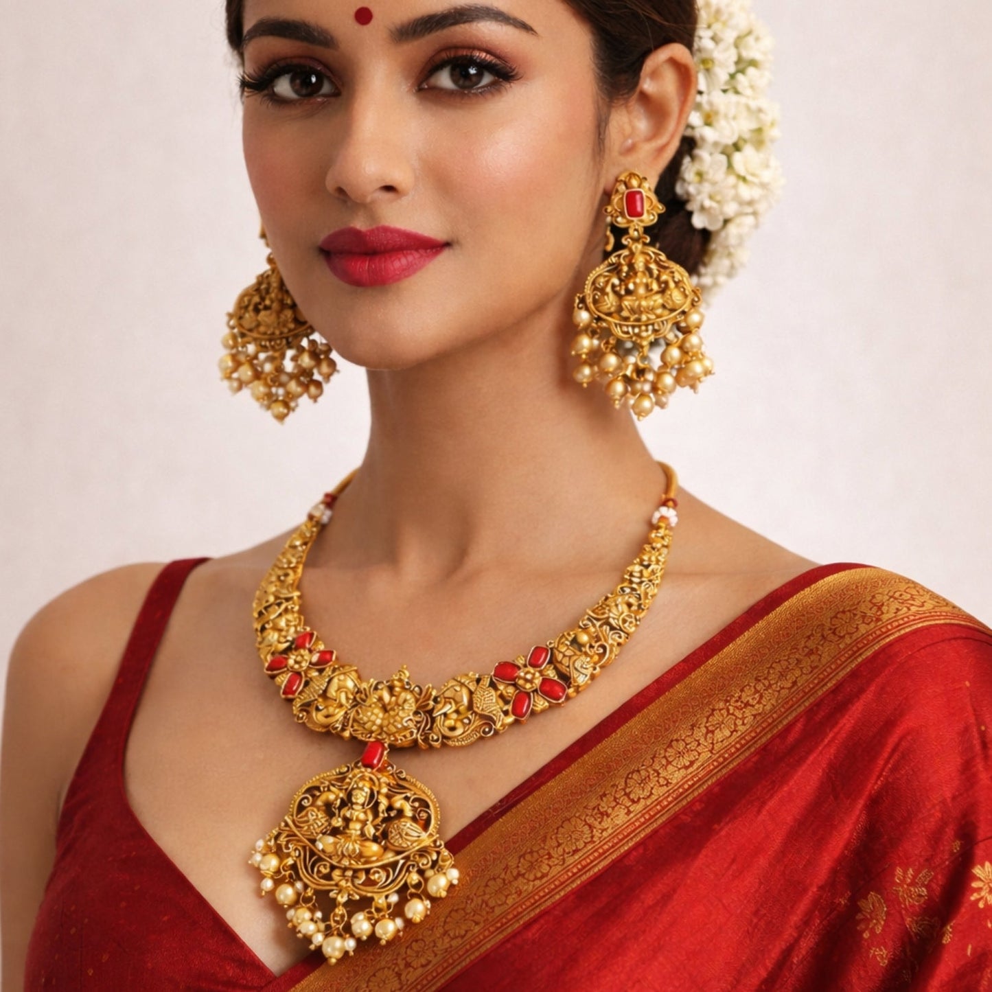 Temple Jewellery High Gold Polish Fancy Clustered Pearl Necklace Set