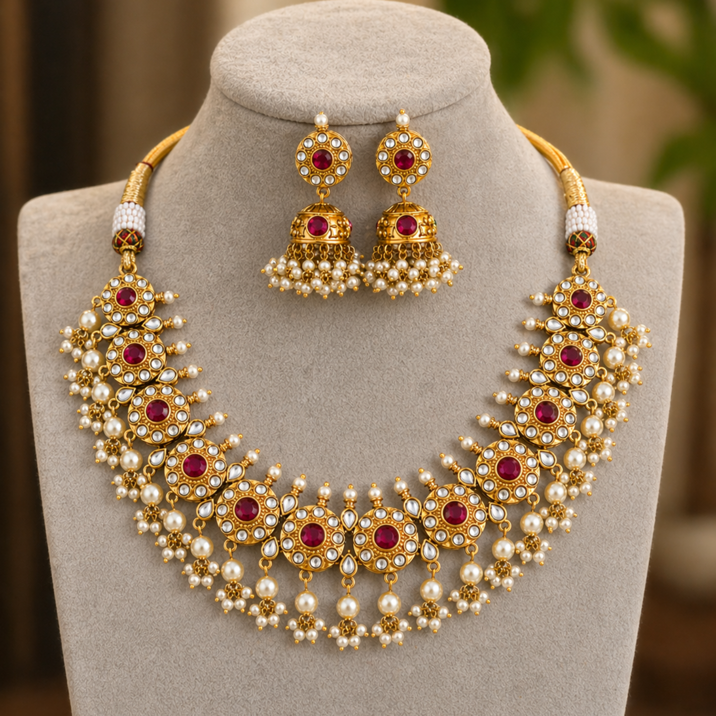 Kemp Matte Gold Polish Fancy Necklace Set with Mix Color Stone & Pearl Beads