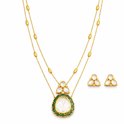 Kundan Full Stone High Gold Polish Pendant Set with Long Chain and Earrings