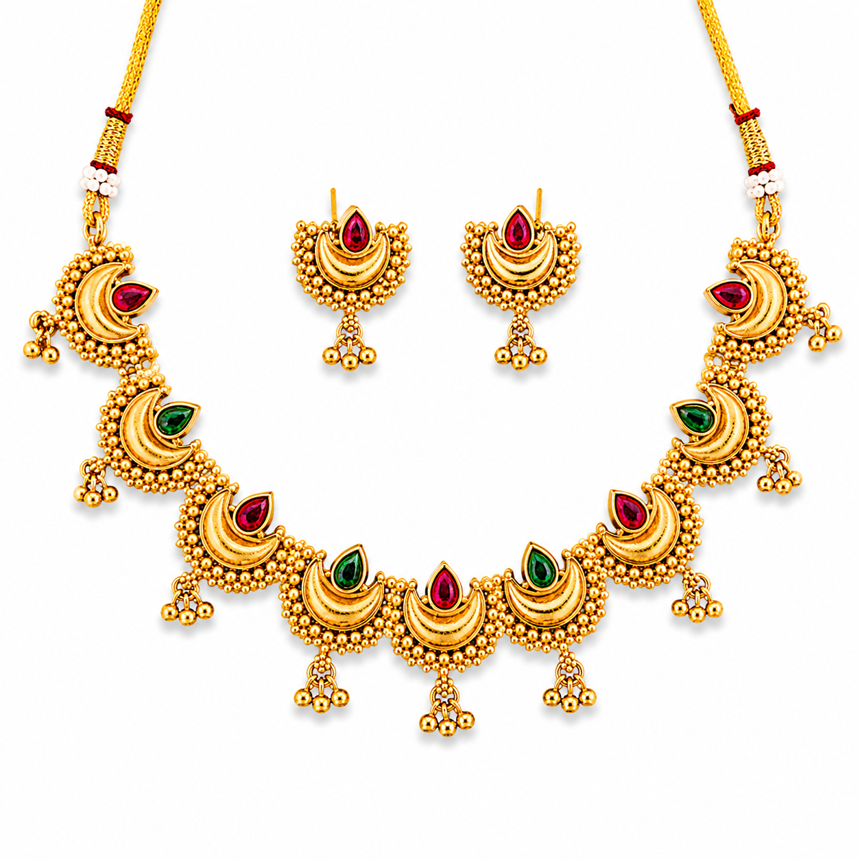 Antique Rajwadi High Gold Polish Necklace Set with Red & Green Stones for Women