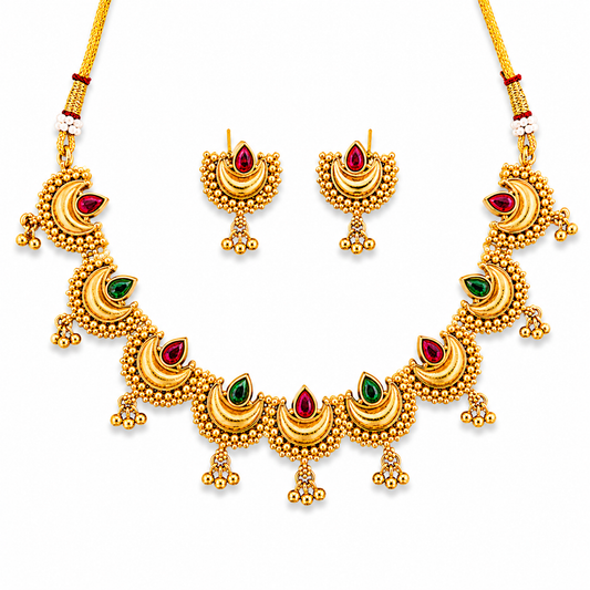Antique Rajwadi High Gold Polish Necklace Set with Red & Green Stones for Women