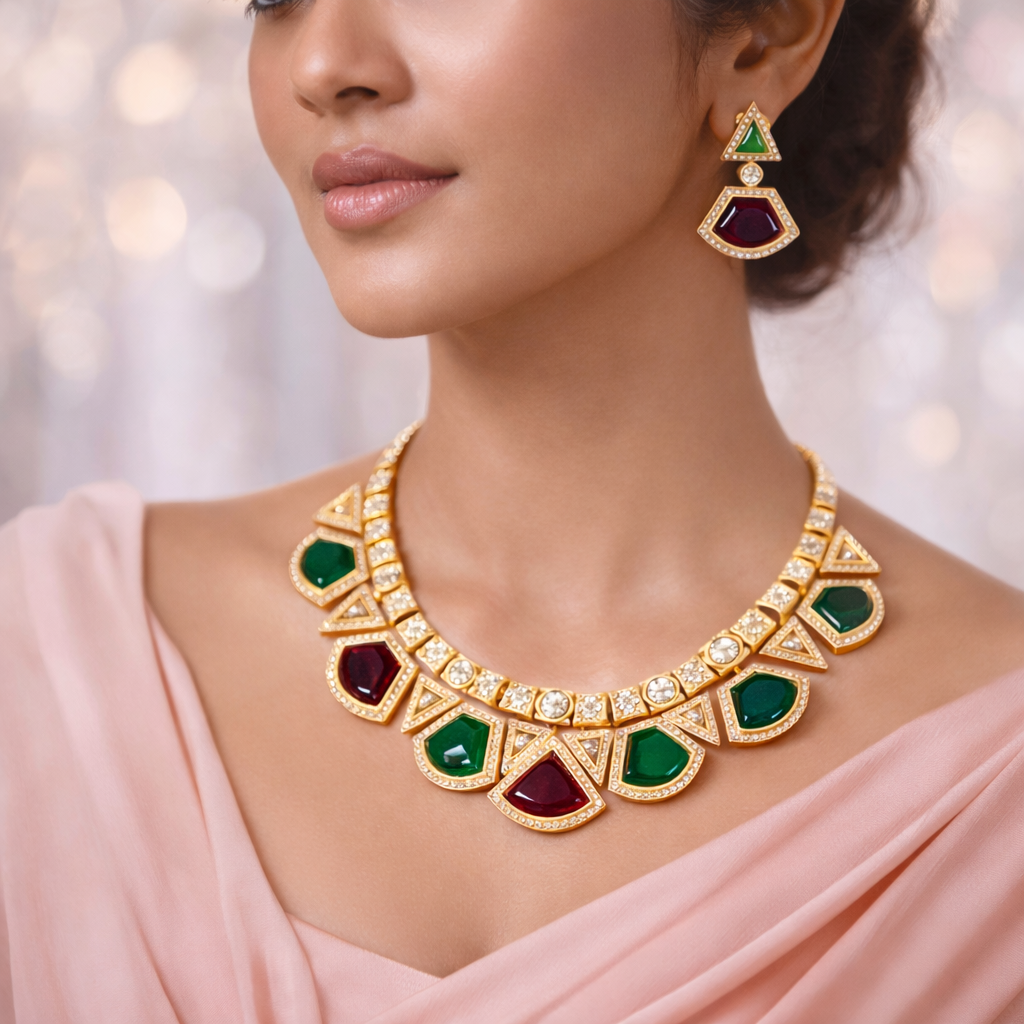 Royal Matte Gold Necklace Set with Multicolor Stones