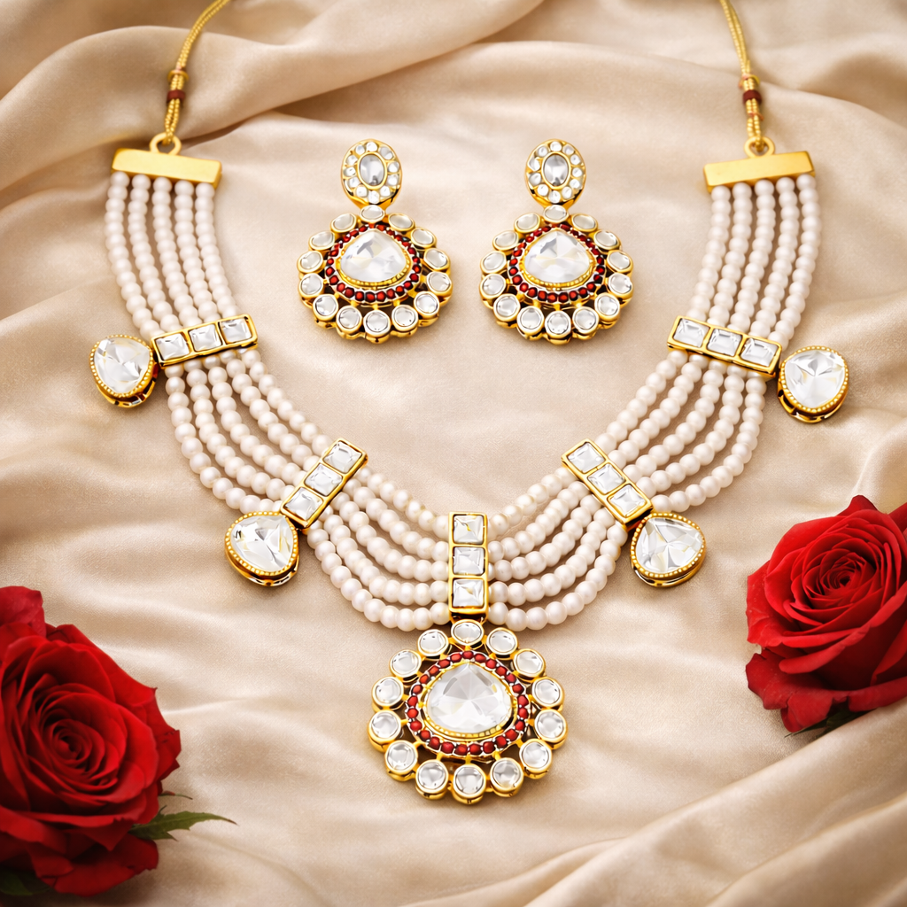 Antique Design High Gold Polish Pearl & Kundan Necklace Set for Women