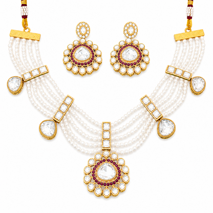 Antique Design High Gold Polish Pearl & Kundan Necklace Set for Women