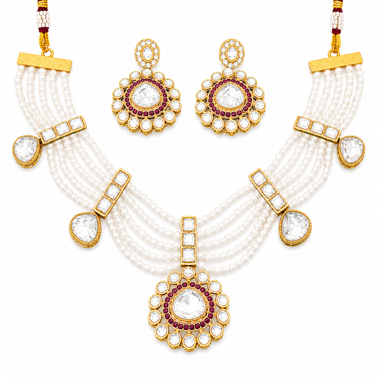 Antique Design High Gold Polish Pearl & Kundan Necklace Set for Women