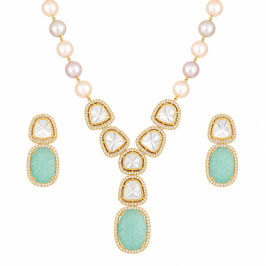 Elegant High Gold Polish Kundan Stone Necklace Set with Earrings for Women