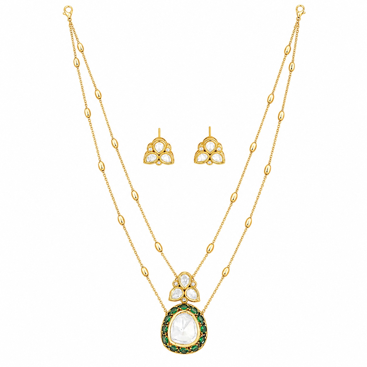 Kundan Full Stone High Gold Polish Pendant Set with Long Chain and Earrings