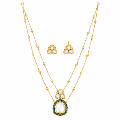 Kundan Full Stone High Gold Polish Pendant Set with Long Chain and Earrings