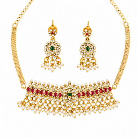 Full Stone High Gold Polish Fancy Short Necklace Set