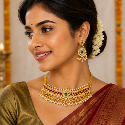 Full Stone High Gold Polish Fancy Short Necklace Set