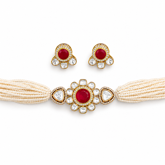 Kundan High Gold Polish Necklace Set with Earrings for Women