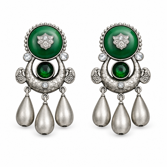 Antique Green Stone Oxidised Earrings