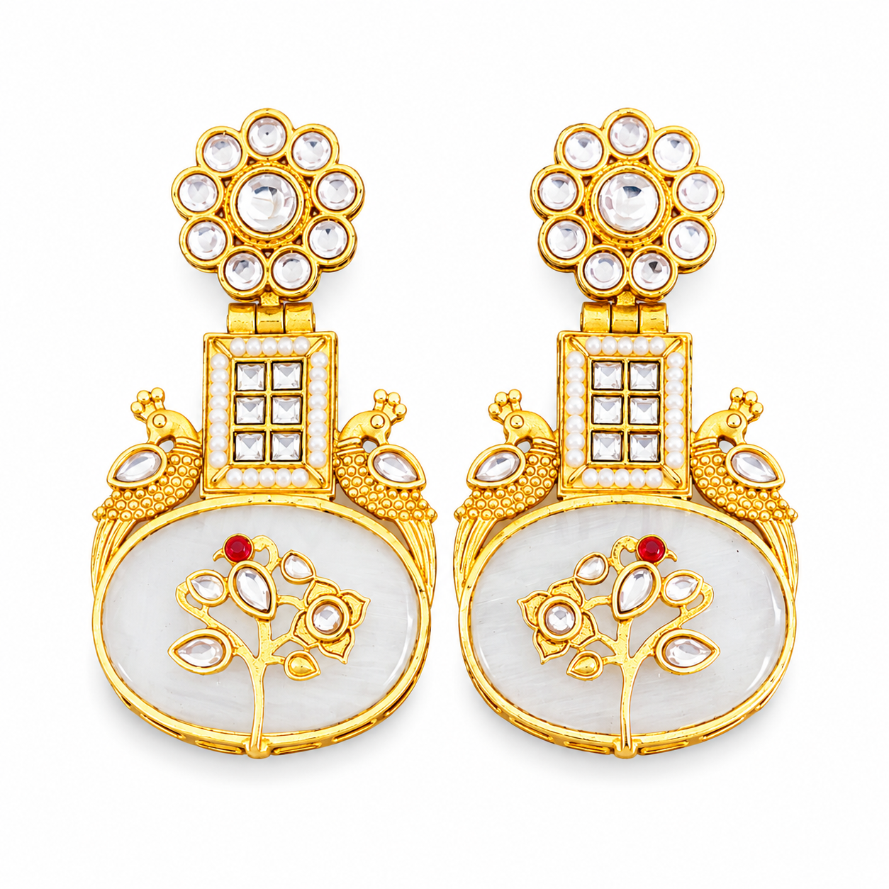 Classic White Kundan Peacock Earrings