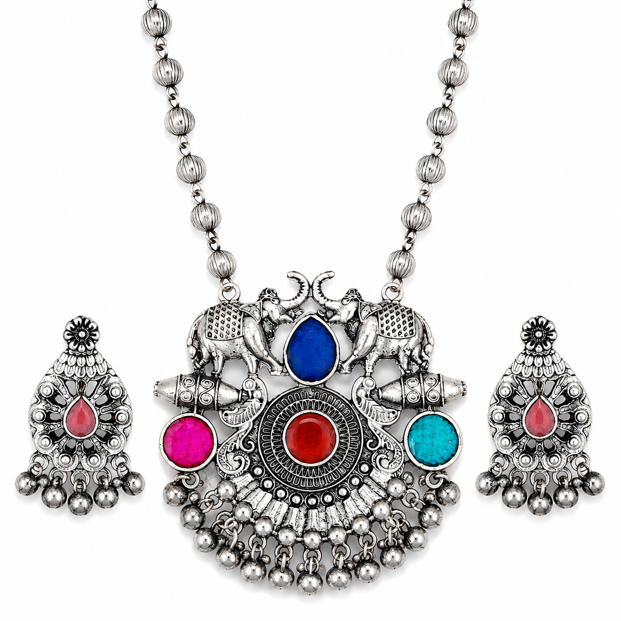Heritage Elephant Stone Oxidized Necklace Set
