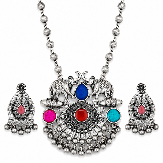 Heritage Elephant Stone Oxidized Necklace Set