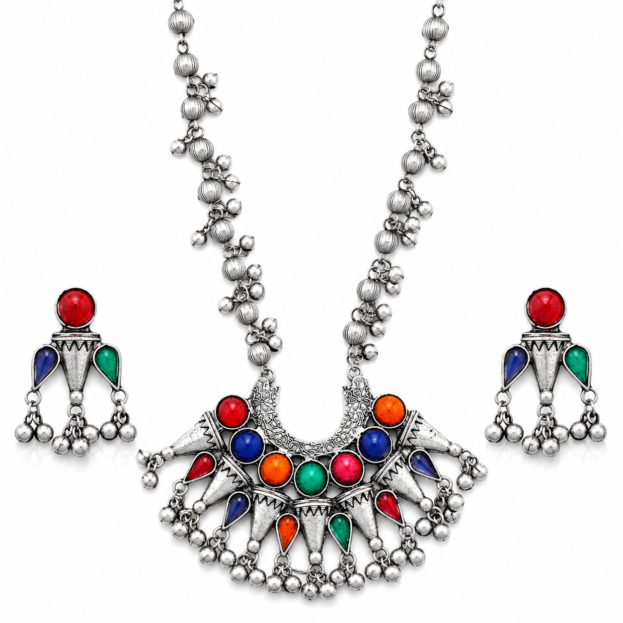 Color Stone Tribal Oxidized Necklace Set