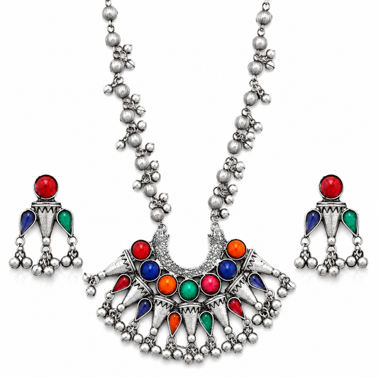 Color Stone Tribal Oxidized Necklace Set