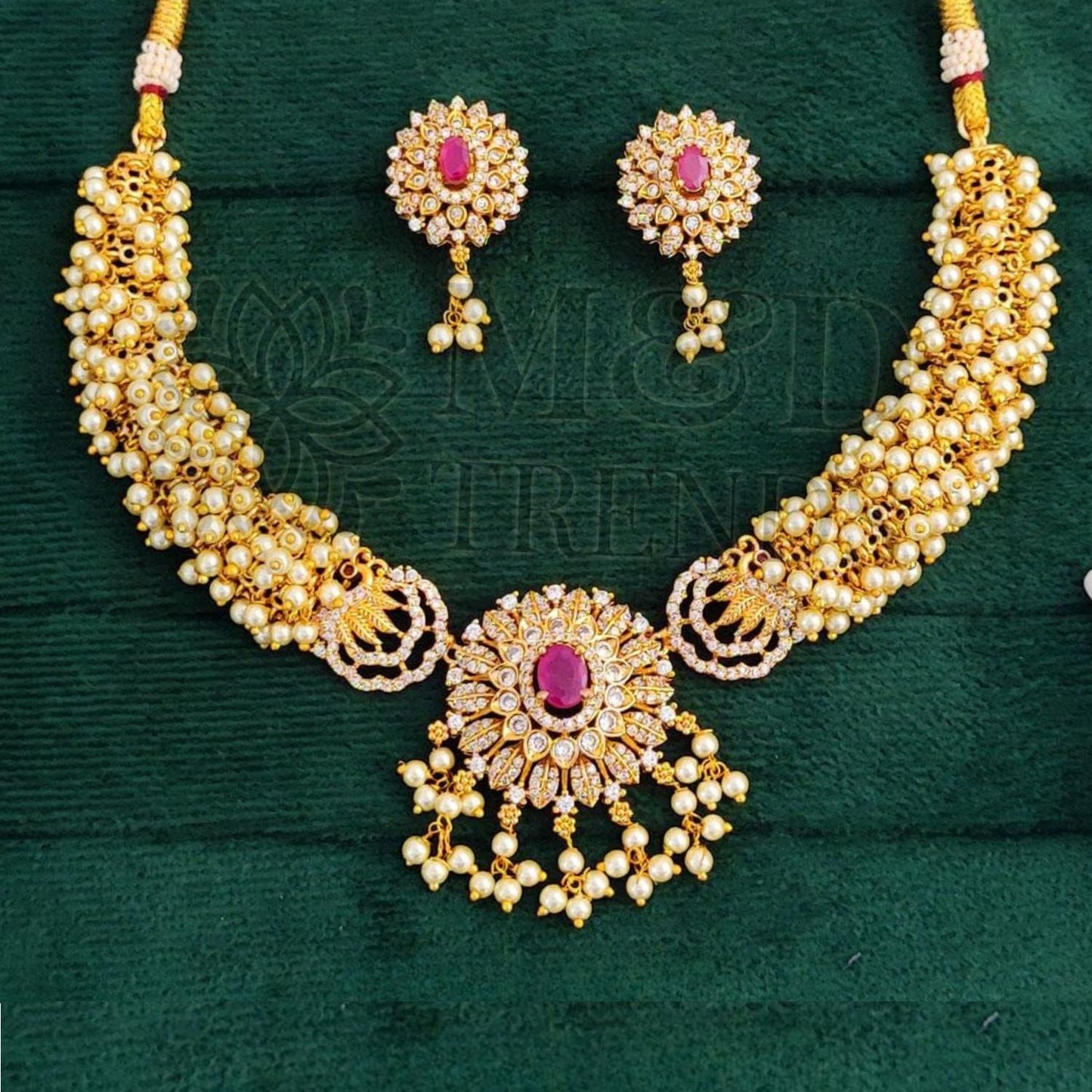 Matte Gold Polish Pearl & Stone Necklace Set for Women