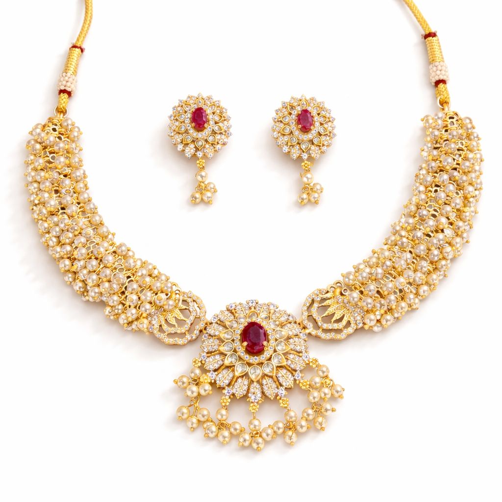 Matte Gold Polish Pearl & Stone Necklace Set for Women