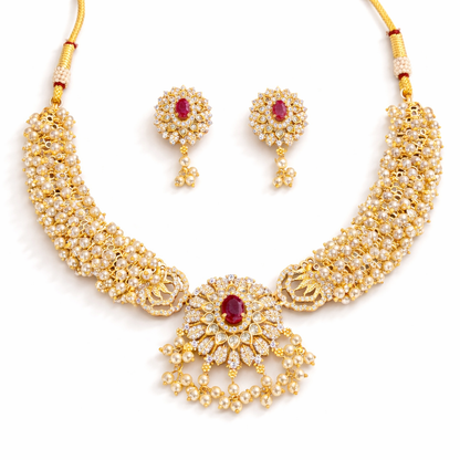 Matte Gold Polish Pearl & Stone Necklace Set for Women