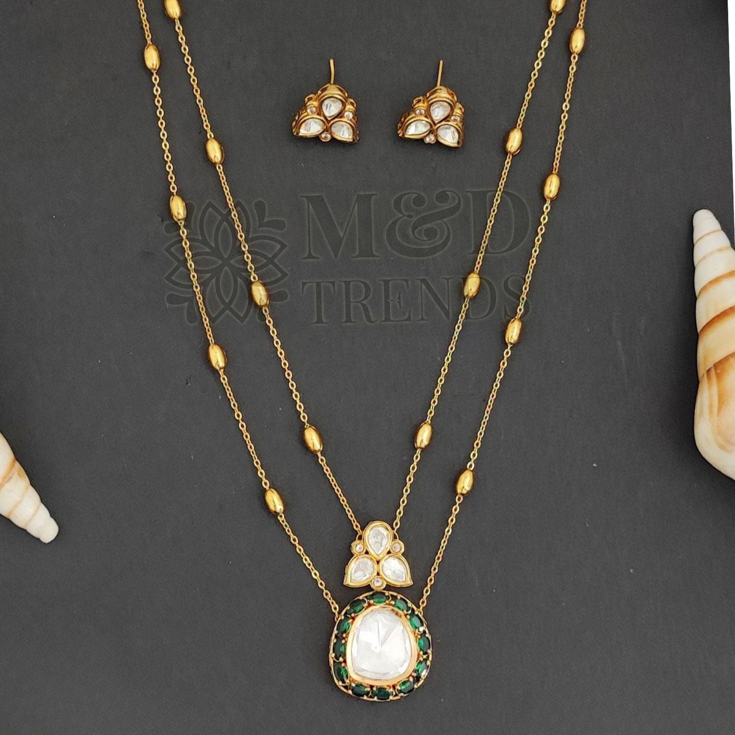 Kundan Full Stone High Gold Polish Pendant Set with Long Chain and Earrings