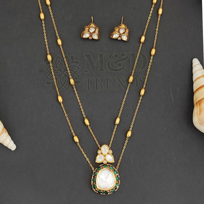 Kundan Full Stone High Gold Polish Pendant Set with Long Chain and Earrings