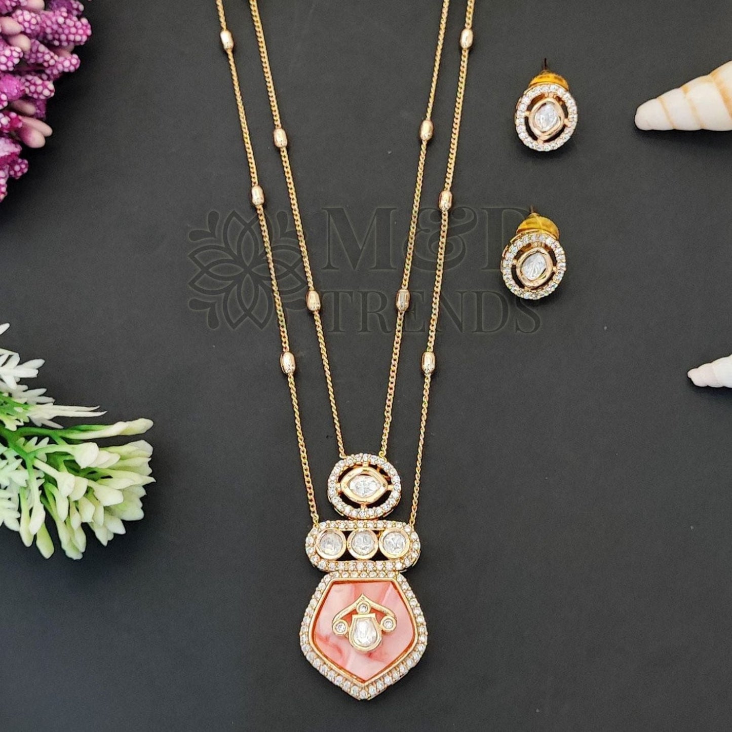 Kundan Design High Gold Polish Orange Pendant Set for Women