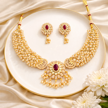 Matte Gold Polish Pearl & Stone Necklace Set for Women