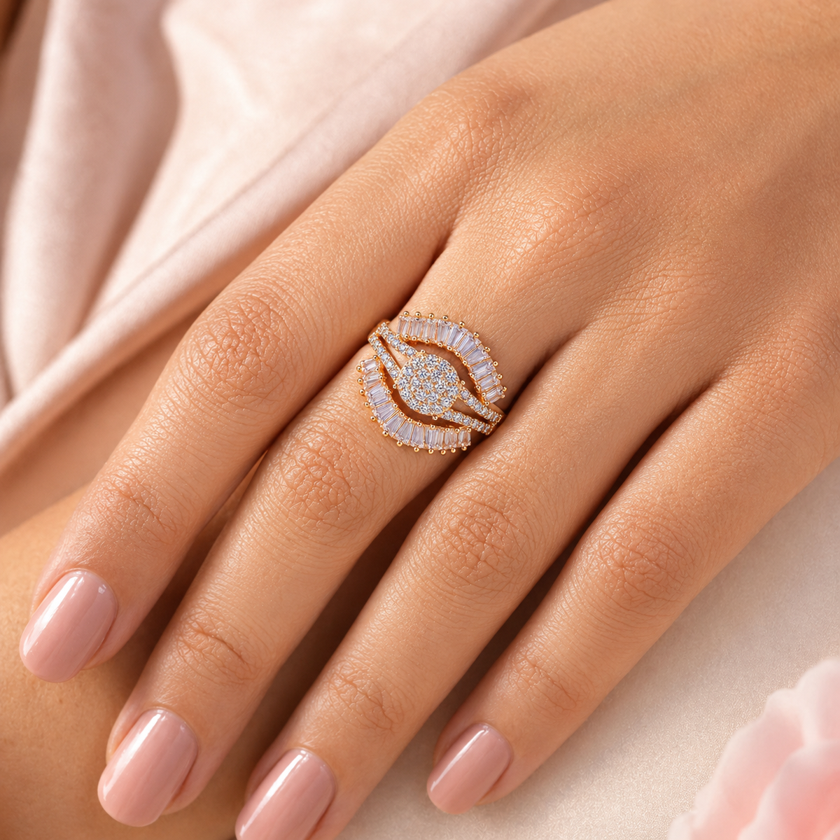Gold Plated American Diamond Round Statement Ring for Women with Baguette Stone Halo Design
